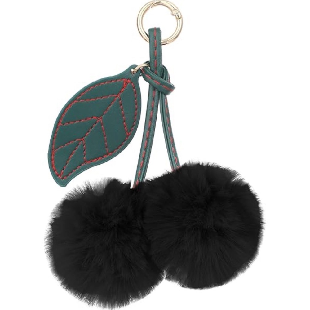 Cherry pom-pom black bag charm
